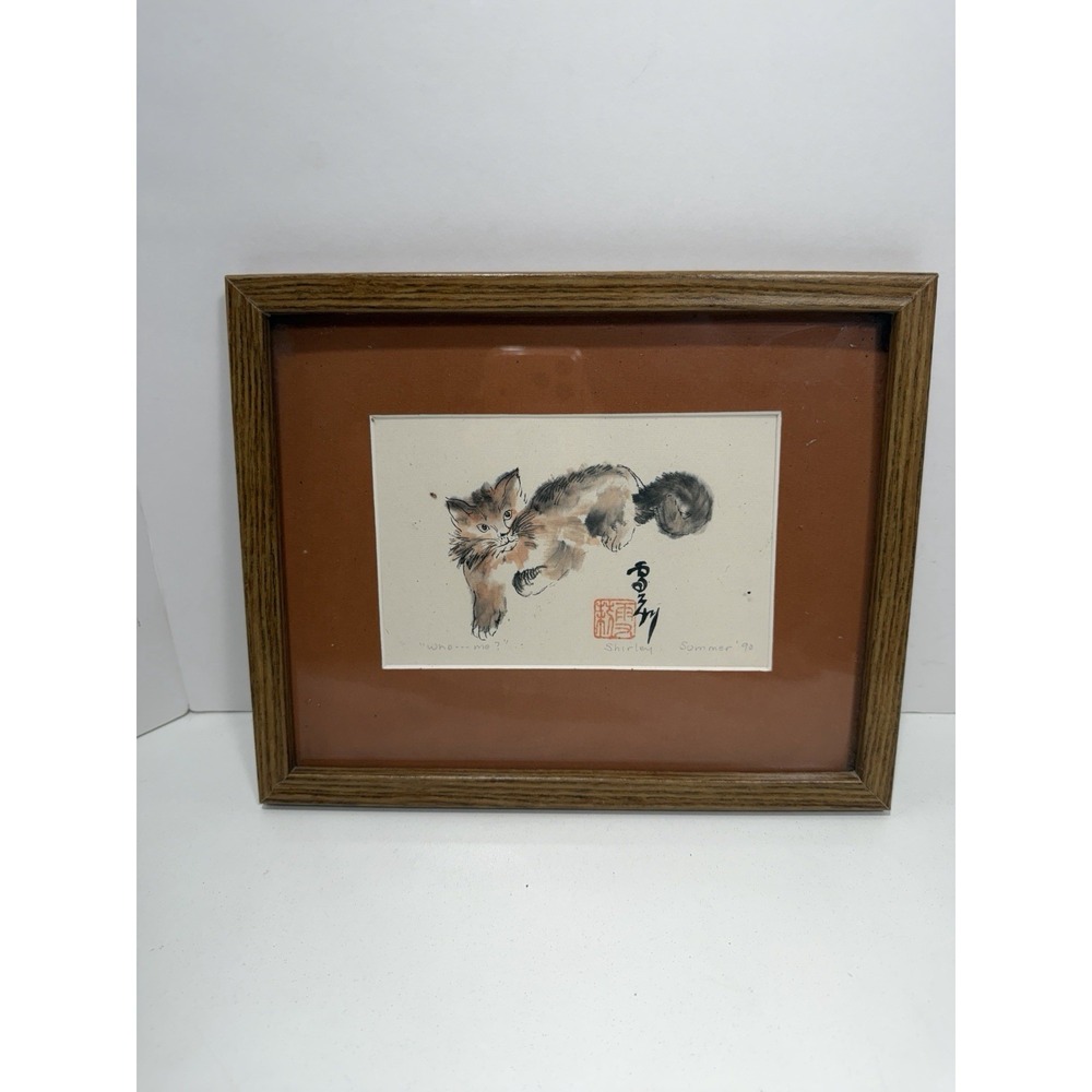 Japanese-style Sumi-e ink wash Painting of cat with red seal 1990 Signed Shirley